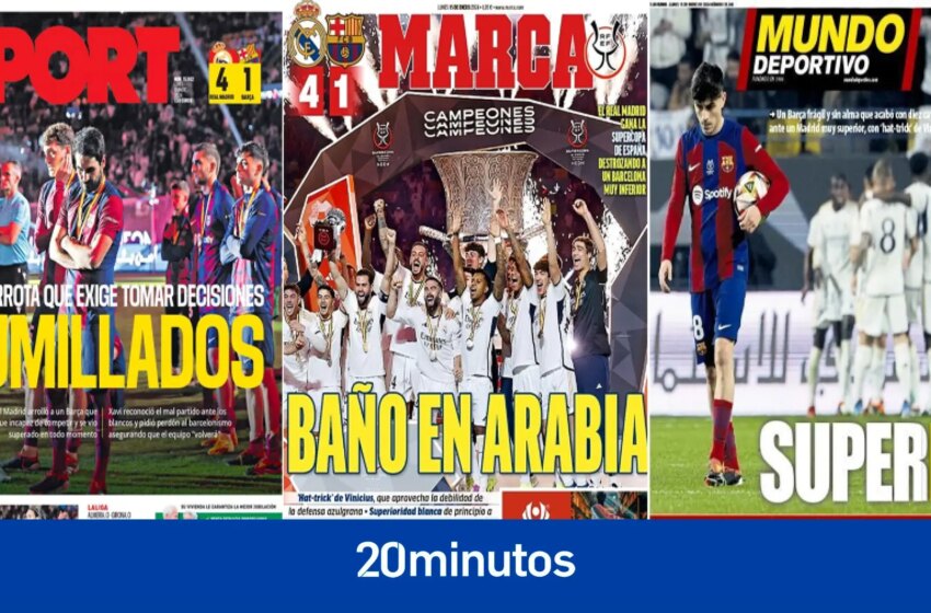  &quot;Humillados&quot;, &quot;SuperKO&quot;… Las portadas de la prensa deportiva tras la victoria del Madrid en la Supercopa