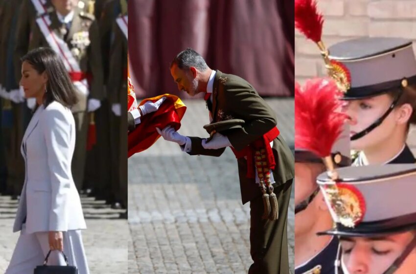 El rey Felipe VI jura bandera ante la atenta mirada de la princesa Leonor y la reina Letizia en la Academia Militar de Zaragoza